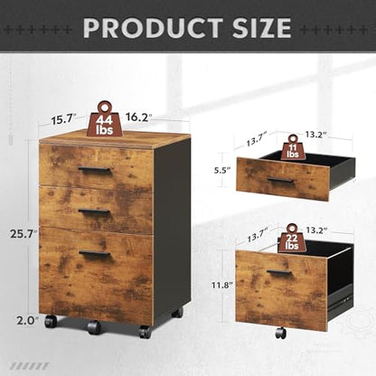 DEVAISE 3 Drawer Wood Mobile File Cabinet, Rolling Filing Cabinet for Letter/A4 Size, Rustic Brown - color: Rustic Brown, size: 15.7"D x 16.2"W x 25.7"H