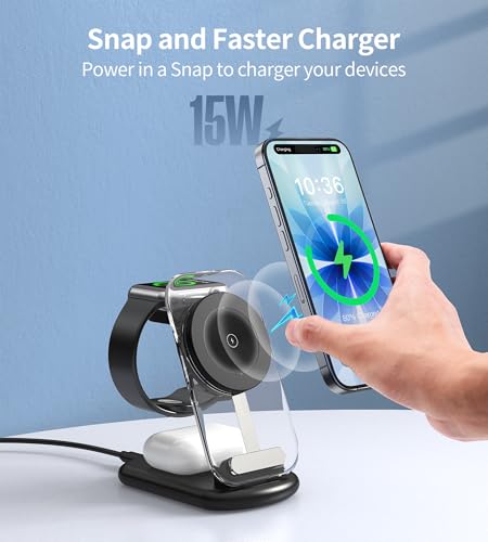 Mukiya 3 in 1 Magnetic Wireless Charging Station for Apple Devices | Fast Foldable Travel Charger Stand with Night Light for Mag-enabled iPhone 17 16 15 14 13 12 Series, Apple Watch/AirPods Pro - color: Upgraded Black