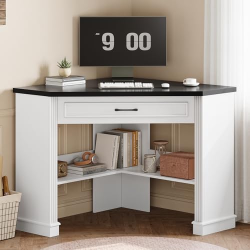 SEDETA Farmhouse Corner Desk for Small Space, White Small Computer Desk - color: White and Black, size: Triangular desk