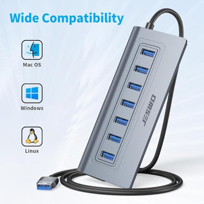 JESWO 7-Port Aluminum Powered USB 3.0 Hub with 3.3Ft Cable - color: Grey