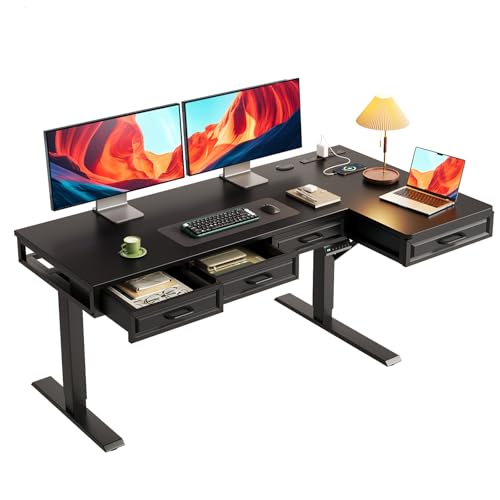 55 Inch L Shaped Standing Desk with 4 Wooden Drawers, Black | Reversible Corner Table, Office Table With 4 Wooden Drawers and Outlets For Home Office, Computer Workstation, Sit Stand Use - color: Black, size: 55 Inch