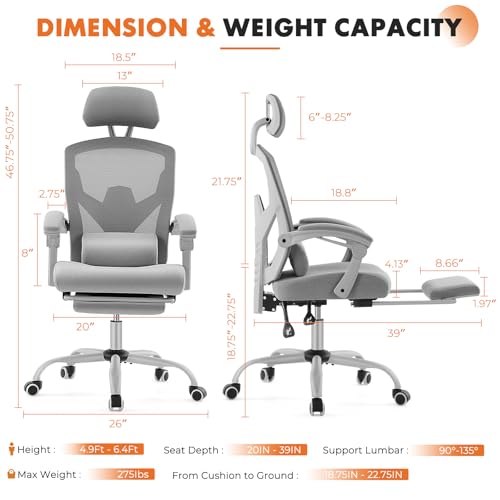 Sweetcrispy Ergonomic Office Chair, Computer Desk Chair with Lumbar Support | Adjustable Footrest, High-Back Mesh, 360° Rolling Swivel Work, Comfy Arms for Home Bedroom, Light Grey - color: Light Grey