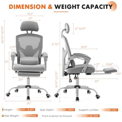Sweetcrispy Ergonomic Office Chair, Computer Desk Chair with Lumbar Support | Adjustable Footrest, High-Back Mesh, 360° Rolling Swivel Work, Comfy Arms for Home Bedroom, Light Grey - color: Light Grey