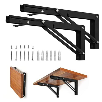 Storystore Folding Shelf Brackets - 12 Inch Heavy Duty Metal Collapsible Shelf Bracket for Bench Table, Shelf Hinge Wall Mounted Space Saving DIY Bracket, Max Load: 150 lb (2PCS, Black) - size: 12 Inch