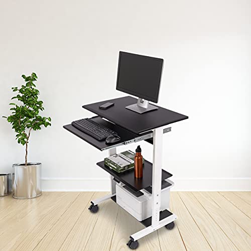 Stand Up Desk Store Mobile Rolling Adjustable Height Standing Workstation with Printer Shelf and Slideout Keyboard Tray (White Frame/Black Top, 30" Wide) - color: White/Black