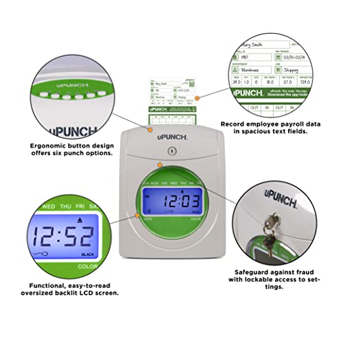 uPunch JC1500 Starter Time Clock Bundle for Small Business: Employee Punch Clock System with 100 Time Cards, Card Rack, and Ribbon
