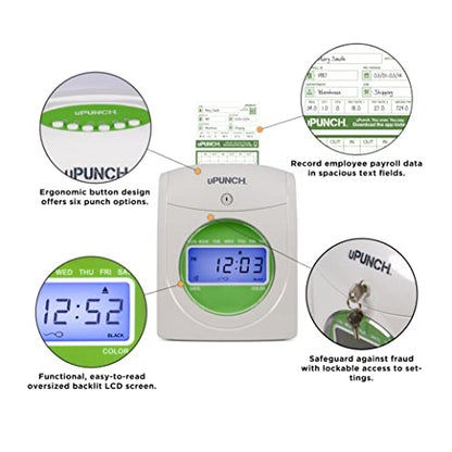 uPunch JC1500 Starter Time Clock Bundle for Small Business: Employee Punch Clock System with 100 Time Cards, Card Rack, and Ribbon