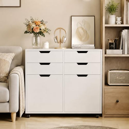 POWERSTONE Mobile File Cabinet with 4 Drawers & 2 Door, Rolling Under Desk Storage Chest with Lockable Wheels, Wood Printer Stand for Home Office Craft Room, White - color: White