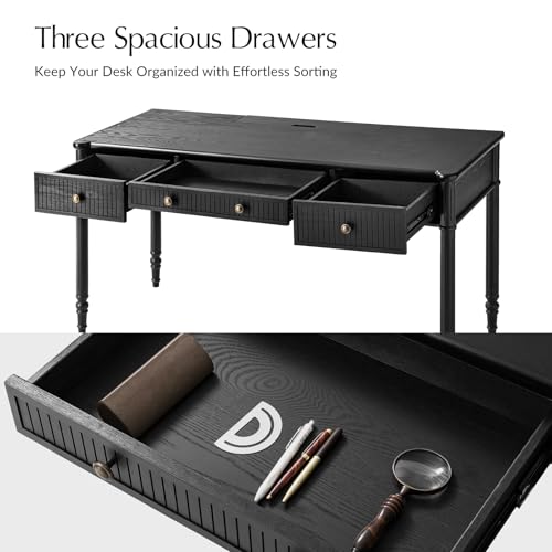 HULALA HOME 60 Inches Fluted Writing Desk with Charging Station, Black - color: Black