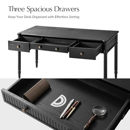 HULALA HOME 60 Inches Fluted Writing Desk with Charging Station, Black - color: Black