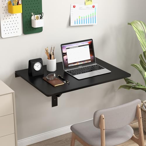 Wall Mounted Folding Table, 31.5" x 23.5" Floating Desk for Small Space, Countertop Extension Fold Down, Laundry Folding Table, Hanging Drop Leaf Table for Apartment, Study, Bedroom (Black) - color: Black