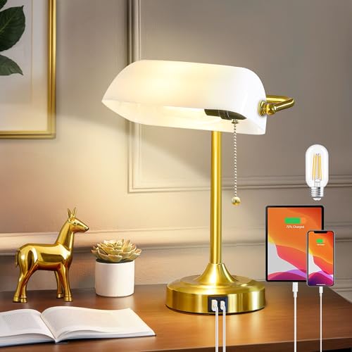 Vintage Desk Lamp Bankers Lamp - Plastic Lampshade Retro Table Lamp with USB & Type C Charging Ports Traditional Library Lamp for Home Office Nightstand Bedroom Side Table Lamp(T45 Bulb Included) - color: Gold