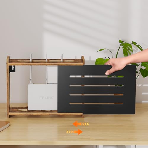 Wooden WiFi Router Box Hider, Wall Mount Router Shelf | Decorative Modem & Power Strip Storage Cabinet with Metal Frame, Internet Cable Management Organizer, Rustic Brown