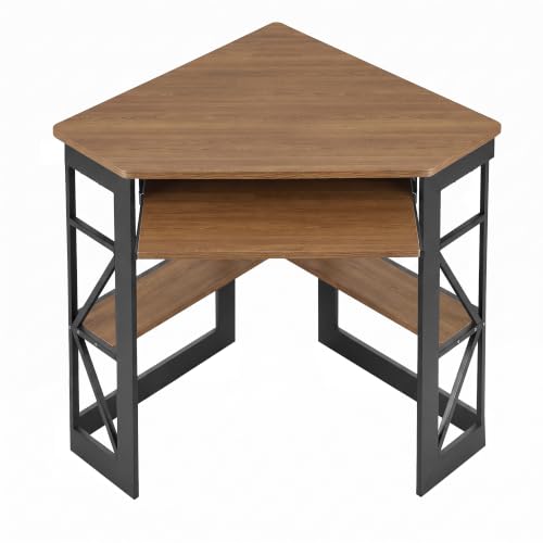 VECELO Corner Desk Computer Desk Writing Table with Smooth Keyboard Tray & Storage Shelves,Compact Home Office Triangle Table,Rustic Brown - color: Rustic Natural Brown