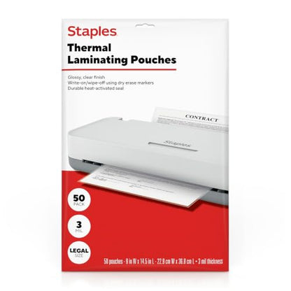 Staples Thermal Laminating Pouches, Legal Size, 3 Mil, 50-Pk, ST63665 - style: Legal Size