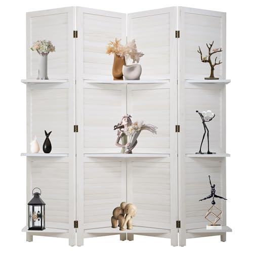 FDW 4 Panel Room Divider Folding Privacy Wooden Screen with Three Clever Shelf Portable Partition Wood Divider for Home Office, White