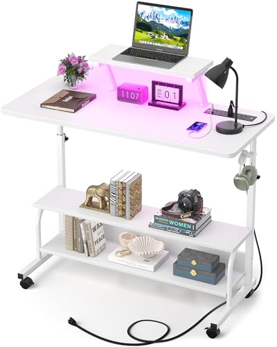 Height Adjustable Standing Desk with Power Outlets and LED Lights - 39" Manual Stand Up Desk with Monitor Stand and Storage Shelves Small Mobile Rolling Computer Desk Portable Laptop Table, White - color: White, size: 39''