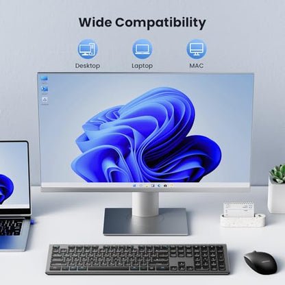 TECKNET 2.4G Rechargeable Ultra-Slim Wireless Keyboard and Mouse Combo | 2.4G Stable Connection, Full-Size Scissor Switch Keyboard with 12 Multimedia Keys, Silent Mouse, Ergonomic Design, Grey - color: Gray
