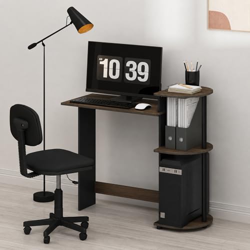 Furinno Compact 29-Inch Rustic Brown Computer Desk, Gaming Desk with Shelves, Office Desk with Book Shelf, for Home Office, Study Room, Dorm, Bedroom, Brown Walnut - color: Brown Walnut/Black, size: 28.5-in with 3 Rounded Shelves