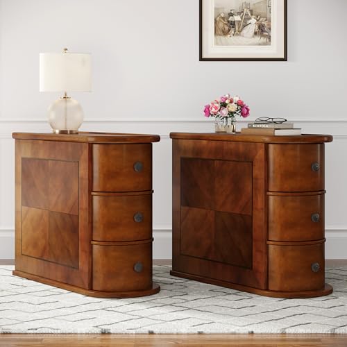 Wood End Table with 3 Drawers, No Assembly Required Narrow Sofa Side Table for Living Room, Vintage Slim Nightstand Bedside Table for Bedroom (3 Drawers, Brown, 2 Pcs) - color: Brown, size: 2 Pcs, style: 3 Drawers