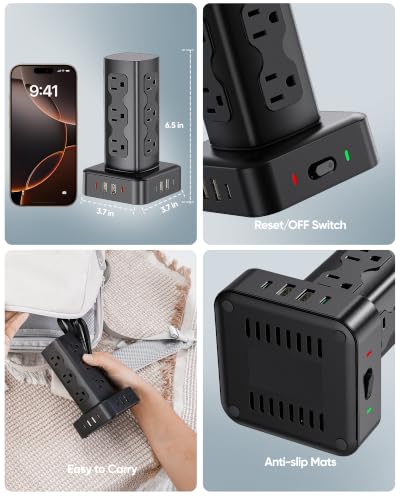 100W Charging Station, Acozvin Power Strip Tower with 12 AC Outlets 8 USB - size: 100W