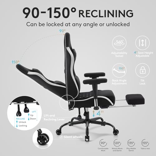 Gaming Chair,Office Chair with Footrest,Massage,Black Grey | Breathable Fabric,Gel Pad,Ergonomic,Spring Cushion,High Back,2D Adjustable Arms,Reclining,Lumbar Support,Headrest,Gamer Chair - color: Black Grey