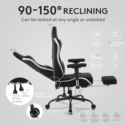 Gaming Chair,Office Chair with Footrest,Massage,Black Grey | Breathable Fabric,Gel Pad,Ergonomic,Spring Cushion,High Back,2D Adjustable Arms,Reclining,Lumbar Support,Headrest,Gamer Chair - color: Black Grey
