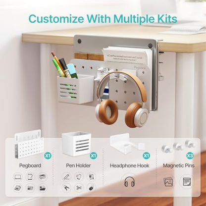 PEGZONE Desk Side Storage Organizer, Fits Flat Edge 0.4" to 2.2", White | No Drill Under Desk Laptop Holder, Clamp on Desks Shelf with Pegboard Accessories, Hanging Laptop Mount - color: White