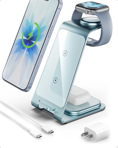 Intoval Aluminum 3 in 1 Wireless Charging Station for iPhone 17 16 15 14 13 12 11 Pro Max XR, Wireless Charger for Apple Watch 11 10 9 8 7 Ultra SE 3 2, Phone Charger for AirPods 4 Pro 2 3 (Blue) - color: Blue