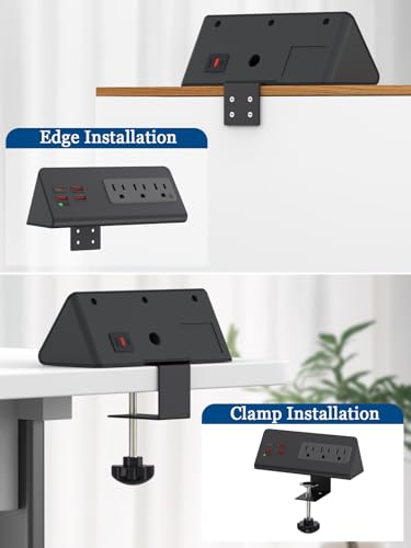 Desk Clamp Power Strip 3 AC 4 USB PD 20W USB-C for Nightstand&Office Tables | Nightstand Charging Station,Tamper-Resistant，Surge Protector，6.6 FT flat plug