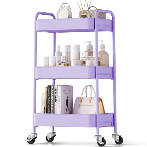 TOOLF 3 Tier Metal Rolling Cart, Utility Storage Cart with Wheels, Purple | Screwless Assembly, Lockable Metal Wheels, Trolley Organizer for Bathroom, Kitchen, Office, Dorm, Laundry, Craft Room - color: Purple, size: 3-Tier