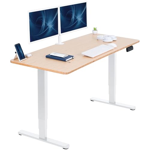 VIVO Real Bamboo 60 x 24 in Standing Desk, DESK-KIT-2W6O | Electric, Dual Motor, Holds 220 lbs, Sit Stand, Height Adjustable, Solid One-Piece Table Top, Memory, 2B Series, White Frame - color: Bamboo Top / White Frame, size: 60 x 24