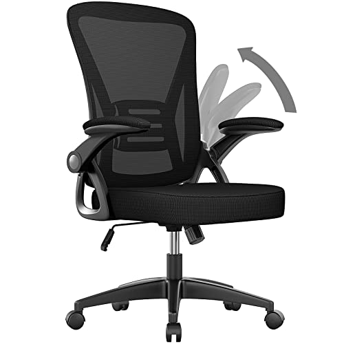 naspaluro Home Office Desk Chair Mid Back with Adjustable Height Dark Black | Comfy Ergonomic Chair with Flip-Up Arm and Lumbar Support, Breathable Mesh Swivel Computer Chair for Study Working Teacher - color: Dark Black