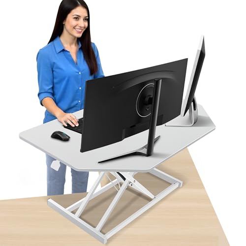 Aconcept 40 inch White Corner Height Adjustable Standing Desk Converter, One-Click Sit to Stand up Desk Riser, Pre-Assembled for Dual Monitor and Laptop Workstation - color: White, size: 40"