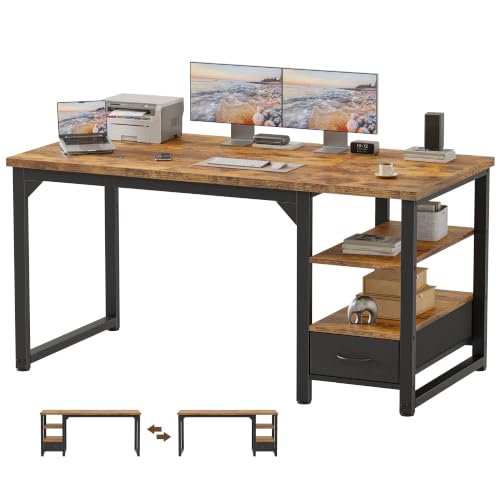 Mericonia 54 in Computer Desk with Drawer, 1" Thick Reversible Office Desk - color: Brown, size: 54"D,1"T
