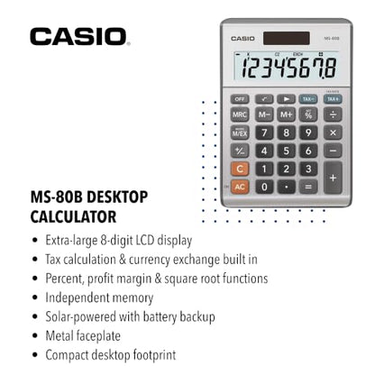Casio MS-80B Desktop Calculator, Tax & Currency Tools | General purpose calculator with large display; ideal for home, office & everyday math