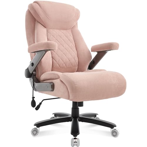 Fabric 700lbs Big and Tall Office Chair, Ergonomic Heavy Duty Executive Cloth Office Chair with 5D Flip Arms & Adjustable Lumbar Support & Dual Rubber Wheel, Large Thick Padded Extra Wide Seat, Pink - color: Pinkcloth
