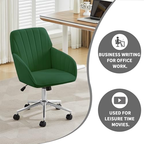 YITAI Velvet Office Desk Chair with Silver Foot Base, with Wheels,Modern Height Adjustable 360 Degree Swivel Upholstered Vanity Chairs with Arms for Living Room Bedroom,Green - color: Silver Green