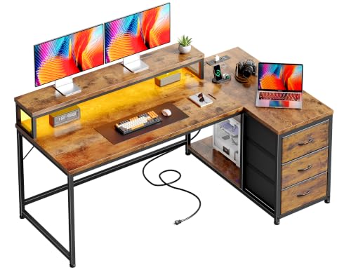EnHomee 55" L Shaped Computer Desk with 3 Storage Drawers for Home Office | Desk with 3 Storage Drawers; Organize Stationery and Gaming Gear for Tidy Teen Gaming & Home Office, Rustic Brown - color: Rustic Brown, size: 55inch