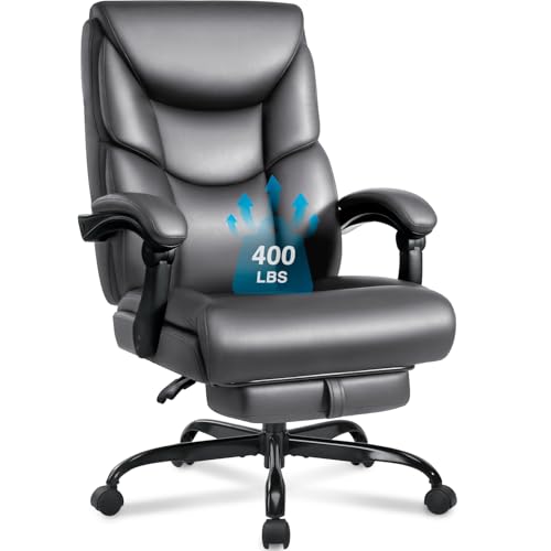 WAILOR 400lbs Office Chair with Foot Rest, Reclining Big and Tall Office Chair with Lumbar Support, High Back PU Leather Computer Chair,Comfy Desk Chair for Home Office (Gray) - color: Grey