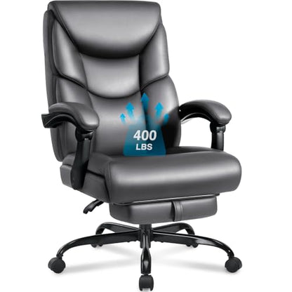 WAILOR 400lbs Office Chair with Foot Rest, Reclining Big and Tall Office Chair with Lumbar Support, High Back PU Leather Computer Chair,Comfy Desk Chair for Home Office (Gray) - color: Grey