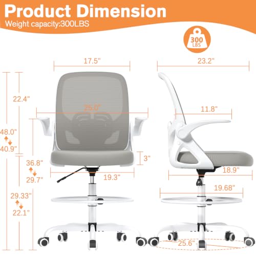 ORRSAKER Drafting Chair, Tall Office Chair with Flip-up Arms, Mesh Ergonomic Computer Standing Desk Chair with Adjustable Height Foot Ring and Lumbar Support, 300 LBS Capacity, Gray - color: Grey