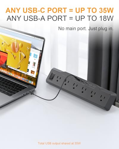 Desk Clamp Power Strip Surge Protector, 6 Outlets, Flat Plug, 1800J, 4 USB-C Ports (Any Port 35W), for Home & Office, Flame-Retardant PC-ABS Housing, Fits 1.96" Desk Edge, Black - style: Desk Clamp Socket - Black