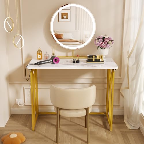 Folding Desk, 31.5" Small Desk for Bedroom with Power Outlet, Space Saving Foldable Computer Desk for Home Office, Easy Assembly, White and Gold - size: medium size02