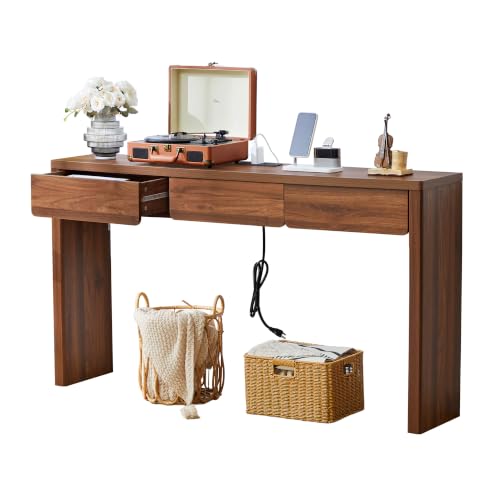 59 Inch Narrow Desk with 3 Drawers and Charging Station - Walnut - color: Walnut, size: 3 drawer