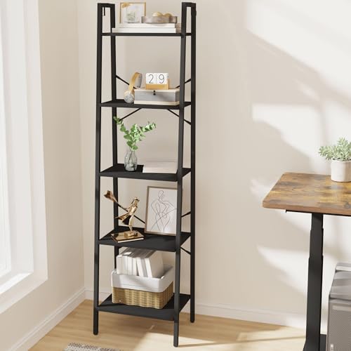 Hzuaneri Ladder Shelf, Bookshelf, Freestanding Corner Storage Shelf | Bookcase with 2 Hooks for Office, Living Room, Kitchen, Bedroom, Industrial, 11.8"D x 17.3"W x 63"H, Black BC19204B - color: Black, size: 11.8"D x 17.3"W x 63"H