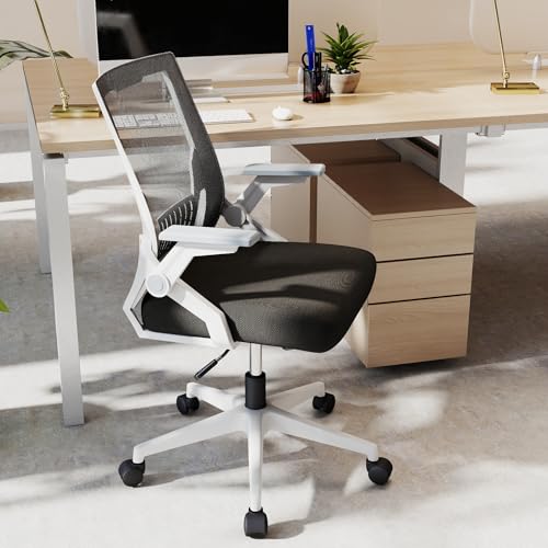 Ergonomic Office Chair with Flip-Up Arms, Small Desk Chair with Breathable Mesh Back, Home Office Desk Chair that Saves Space, Compact Swivel Computer Chair - color: White