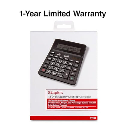 Staples 12-Digit Desktop Calculator, Black, Battery and Solar Power, TR290/ST290-CC - size: 1 Pack, style: 12-Digit
