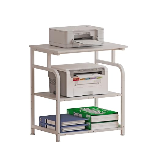 Unionly Large Rolling Printer Stand with Height Adjustable Shelf and Wheels | 3-Tier Rolling Printer Cart with Wheels, Heavy-Duty Wood Printer Table with strudy steel frame for Home Office,White - color: White