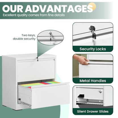 2 Drawer Lateral File Cabinet, 26.8"W Filing Cabinet for Home Office, White | Heavy-Duty Steel Locking File Cabinet, Hanging Letter/Legal/A4 Size, Full-Extension Drawer, Assembly Required - color: White, size: 2 Drawers (26.77 in Width)